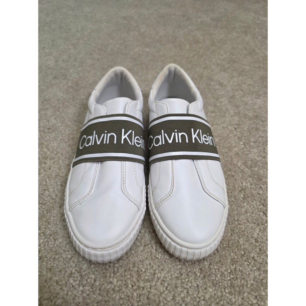 Calvin Klein Clairen-C Womens White Olive Green Logo Elastic Slip On Sneakers 7M